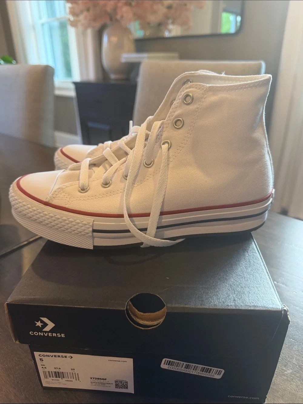 Converse Kids White High-Top Sneakers with Red Stripe